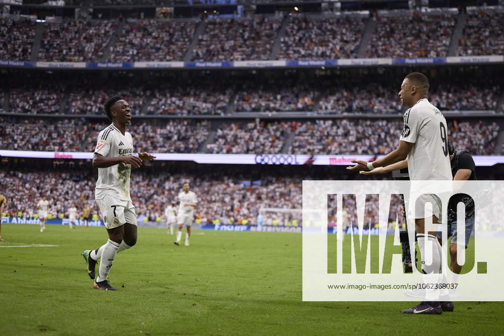 Kylian Mbappe Real Madrid CF celebrates after scoring his team˜s second goal during the LaLiga match between Real Madrid and Real Sociedad at Santiago BernabÃ u on May 24, 2025 in Madrid, Spain Photo by Manu Reino DeFodi Images