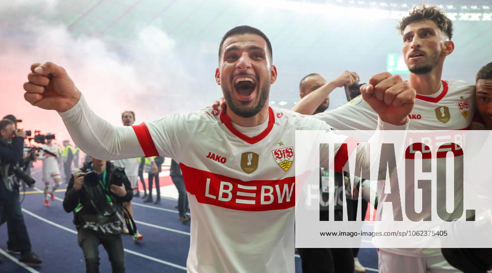 Berlin , Football DFB Cup Final DSC Arminia Bielefeld vs VfB Stuttgart , Deniz Undav VfB celebrates the goal to 0 4, right Atakan Karazor According to the regulations of the DFB German Football Association, it is prohibited to use or have used photographs taken in the stadium and or of the game in the form of sequential images and or video-like photo series