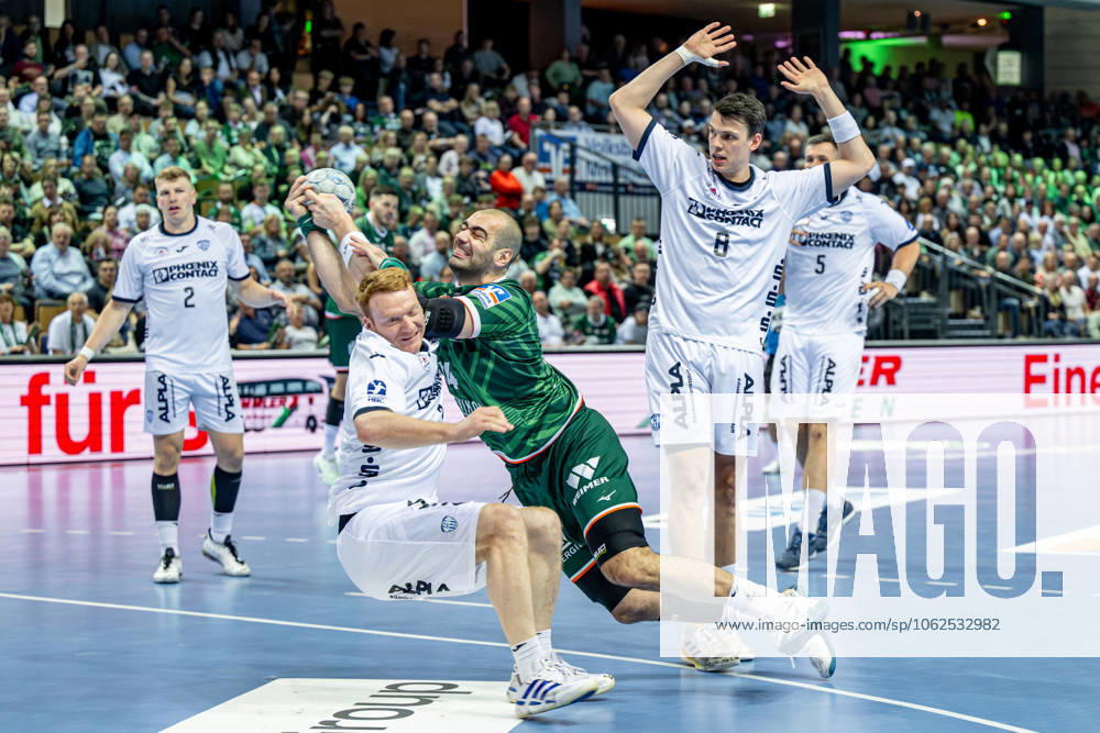 Handball Bundesliga HSG Wetzlar TBV Lemgo Lippe, 28 05 25 Vladimir Vranjes HSG Wetzlar, 14 , Frederik Simak TBV Lemgo Lippe, 8 , Nicolai Theilinger TBV Lemgo Lippe, 3 , Jan Brosch TBV Lemgo Lippe, 5 Handball Bundesliga HSG Wetzlar TBV Lemgo Lippe Wetzlar, 28 05 25
