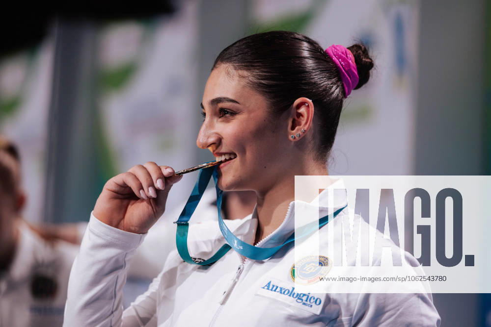 Gymnastics European Championships 2025 Womens All-Around Final Leipzig ESPOSITO Manila ITA Bites for the gold medal after her victory in the All-Around Final Leipzig Messe Leipzig SN Germany