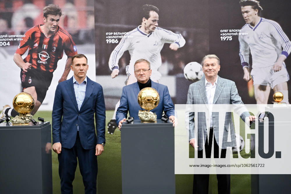 Three Ballons d’Or Won by Ukrainian Footballers Delivered to Lviv President of the Ukrainian Football Association, 2004 Footballer of the Year Andrii Shevchenko, 1986 Footballer of the Year Ihor Belanov and 1975 Footballer of the Year Oleh Blokhin (L to R) are pictured during the presentation of three Ballon d?Or awards won by Ukrainian footballers, Lviv, Ukraine, on 29 May 2025 Photo by Dmytro Anastasiia Ukrinform ABACAPRESS.COM Lviv Ukraine
