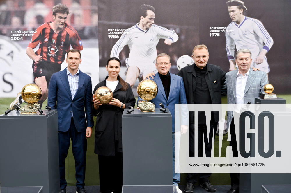 Three Ballons d’Or Won by Ukrainian Footballers Delivered to Lviv President of the Ukrainian Football Association, 2004 Footballer of the Year Andrii Shevchenko, Director of the ROZETKA offline store chain Olena Zabolotna, 1986 Footballer of the Year Ihor Belanov, Lviv Mayor Andrii Sadovyi and 1975 Footballer of the Year Oleh Blokhin (L to R) are pictured during the presentation of three Ballon d?Or awards won by Ukrainian footballers, Lviv, Ukraine, on 29 May 2025 Photo by Dmytro Anastasiia Ukrinform ABACAPRESS.COM Lviv Ukraine