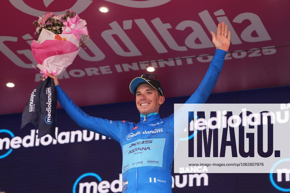 Fortunato Lorenzo of Xds Astana Team azure jersey on the podium during the stage 20 of the Giro dItalia from Verres to Sestriere (Via Lattea), Italy - Saturday, May 31, 2025. - cycling.