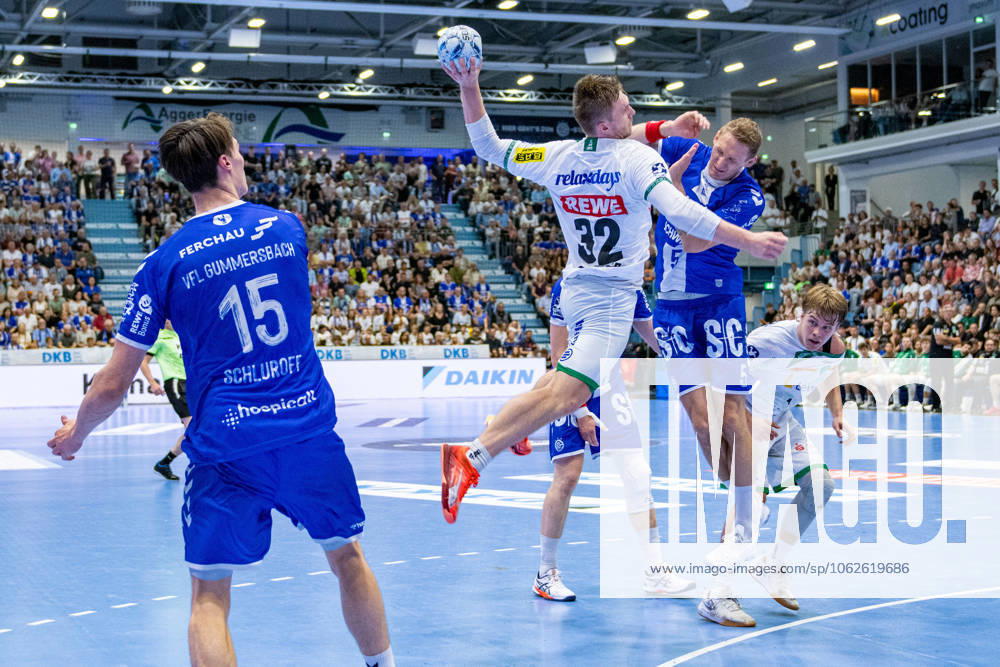 Daikin Handball Bundesliga, VfL Gummersbach SC DHFK Leipzig 31 05 2025 Miro Schluroff VfL Gummersbach, 15 , Franz Semper SC DHfK Leipzig 32 , Tilen Kodrin VfL Gummersbach, 5 , Daikin Handball Bundesliga, VfL Gummersbach SC DHFK Leipzig 31 05 2025