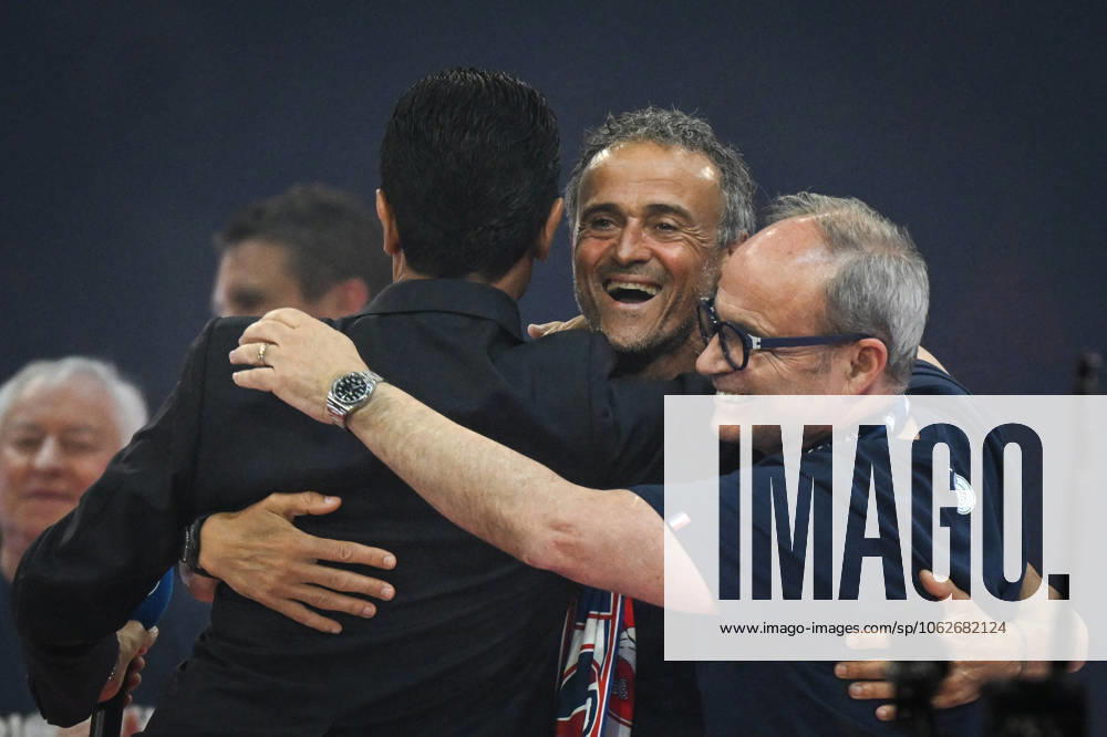 PSG celebrates Champions League trophy at Parc des Princes - FA Paris Saint-Germain’s head coach Luis Enrique reacts with President of Paris Saint-Germain Nasser Al-Khelaifi and Luis Campos as Paris Saint-Germain’s players celebrate the UEFA Champions League trophy at the Parc des Princes Stadium in Paris on June 1, 2025, the day after PSG won the UEFA Champions League final football match over Inter Milan in Munich, on May 31, 2025. Photo by Firas Abdullah ABACAPRESS.COM Paris Ile-de-France France
