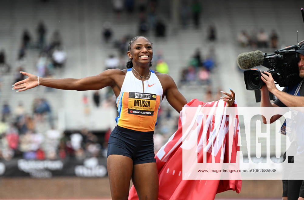 Grand Slam Track Philadelphia 2025 - Day Two PHILADELPHIA, UNITED STATES – JUNE 1: Melissa Jefferson-Wooden of the United States celebrates after she wins in the Women’s 100 meters with 10.73 a new World Lead time and her Personal Best, winning the Women s Short Sprint category, on the second day of the third leg of the Grand Slam Track Series, held at the historic Franklin Field in Philadelphia, Pennsylvania, United States, on June 1, 2025. Artur Widak Anadolu Philadelphia United States. Editorial use only. Please get in touch for any other usage.