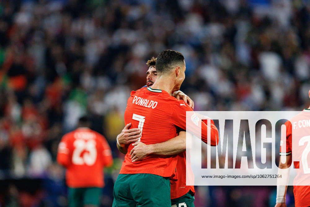 Cristiano Ronaldo seen celebrating after scoring goal during official training before UEFA Nations League 2025 semifinal game between national teams of Germany and Portugal (Maciej Rogowski) Munich Allianz Arena Germany
