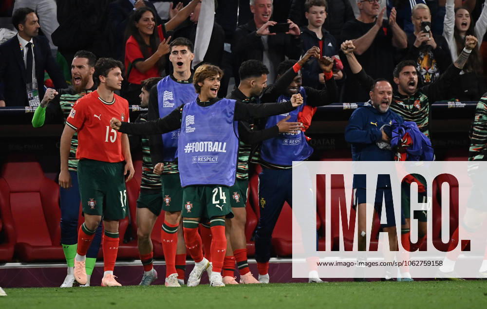 Football UEFA Nations League 1 2 Final, Germany Portugal v l Joao Pedro Goncalves Neves Portugal , Rodrigo Mora de Carvalho Portugal and team cheer celebrate at the end of the match Muenchen