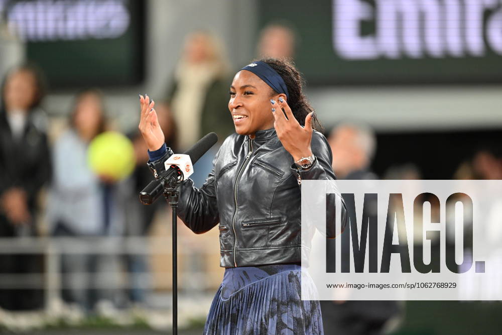 2025 Roland-Garros - Day 12 PARIS, FRANCE - JUNE 5: Coco Gauff of US delivers a victory speech after winning against Lois Boisson (not seen) of France during the Women s Singles semi-final match on Day twelve of the 2025 French Open at Court Philippe-Chatrier in Paris, France on June 5, 2025. Mustafa Yalcin Anadolu Paris France. Editorial use only. Please get in touch for any other usage.