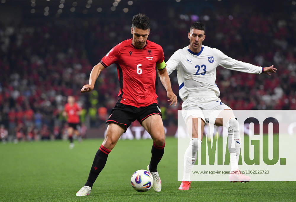 ALBANIA vs SERBIA DUSAN VLAHOVIC, football player of Serbia during World Cup qualification match against Albania, and BERAT DJIMSITI, at Kombetare stadium. Tirana, 07.06.2025. photo: MN Press photo mm FOOTBALL, SERBIA, ALBANIA, FIFA World Cup, WM, Weltmeisterschaft, Fussball QUALIFICATIONS MATCH Tirana Kombetare stadium Albania