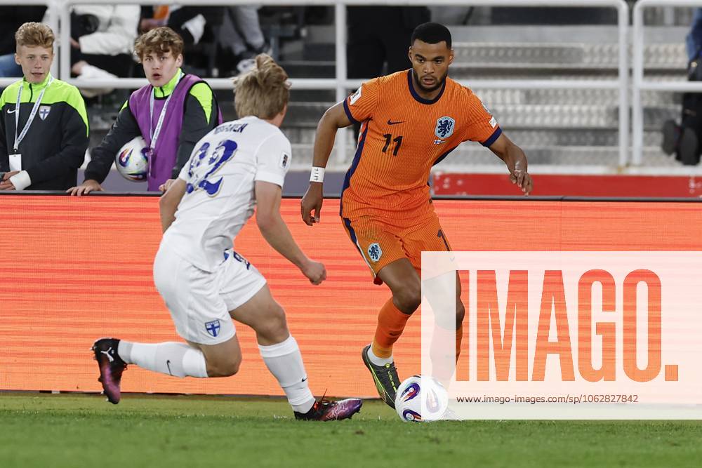 HELSINKI, 07-06-2025, Olympia Stadium, European Qualifiers Football , season, 2024 2025. (L-R) Finland player Ilmari Niskanen, Netherlands player Cody Gakpo during the match Finland - Netherlands Finland - Netherlands x29661476x