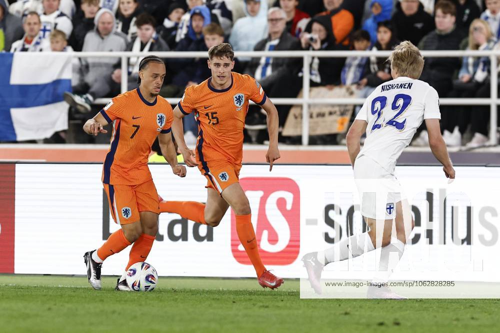HELSINKI, 07-06-2025, Olympia Stadium, European Qualifiers Football , season, 2024 2025. (L-R) Netherlands player Xavi Simons, Netherlands player Micky van de Ven during the match Finland - Netherlands Finland - Netherlands x29661598x