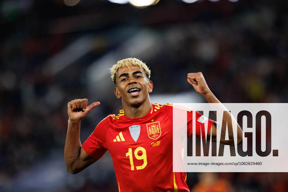 Lamine Yamal seen celebrating after scoring goal during UEFA Nations League 2025 semifinal game between national teams of Spain and France (Maciej Rogowski) Stuttgart MHP Arena Germany