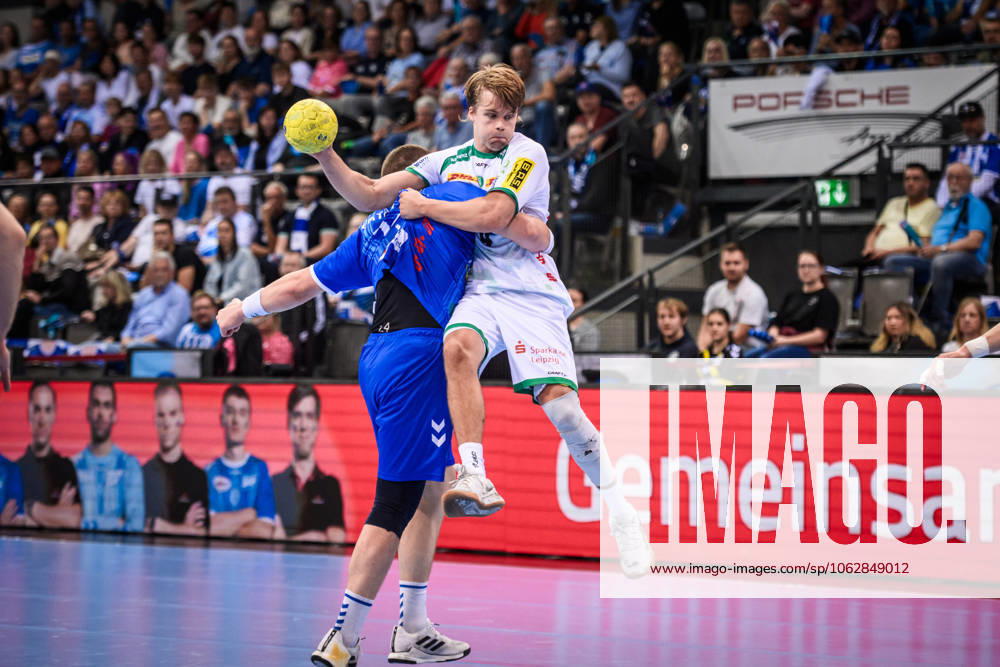 Andri Mar Runarsson SC DHfK Leipzig, 04 vs Lukas Laube TVB Stuttgart, 24 GER, TVB Stuttgart SC DHfK Leipzig, DAIKIN HBL, Handball, Bundesliga, 34 Matchday, Season 2024 2025, 08 06 2025 GER, TVB Stuttgart SC DHfK Leipzig, DAIKIN HBL, Handball, Bundesliga, 34 Matchday, Season 2024 2025, 08 06 2025 Stuttgart