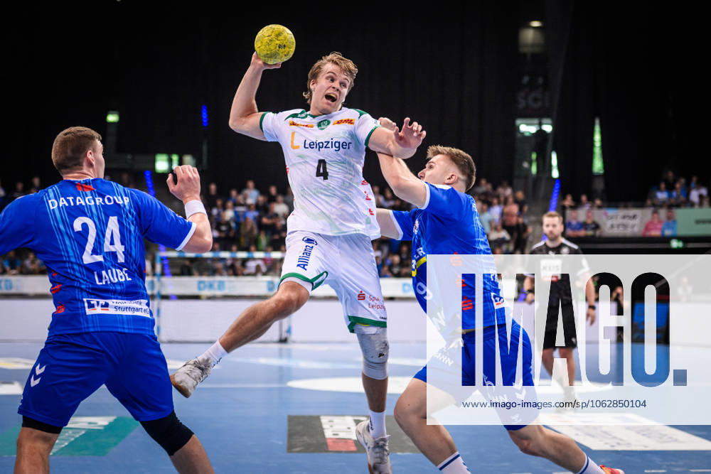 Andri Mar Runarsson SC DHfK Leipzig, 04 vs Gianfranco Pribetic TVB Stuttgart, 09 , li Lukas Laube TVB Stuttgart, 24 GER, TVB Stuttgart SC DHfK Leipzig, DAIKIN HBL, Handball, Bundesliga, Matchday 34, Season 2024 2025, 08 06 2025 GER, TVB Stuttgart SC DHfK Leipzig, DAIKIN HBL, Handball, Bundesliga, Matchday 34, Season 2024 2025, 08 06 2025 Stuttgart