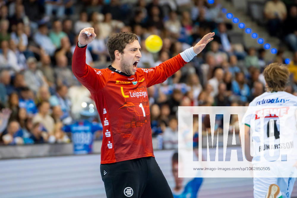 Handball I Men I Season 2024 2025 I Bundesliga I 34 Matchday I TVB Stuttgart SC DHfK Leipzig I 08 06 2025 Domenico Ebner 1, SC DHfK Leipzig cheers Stuttgart Porsche Arena Baden Württemberg Germany