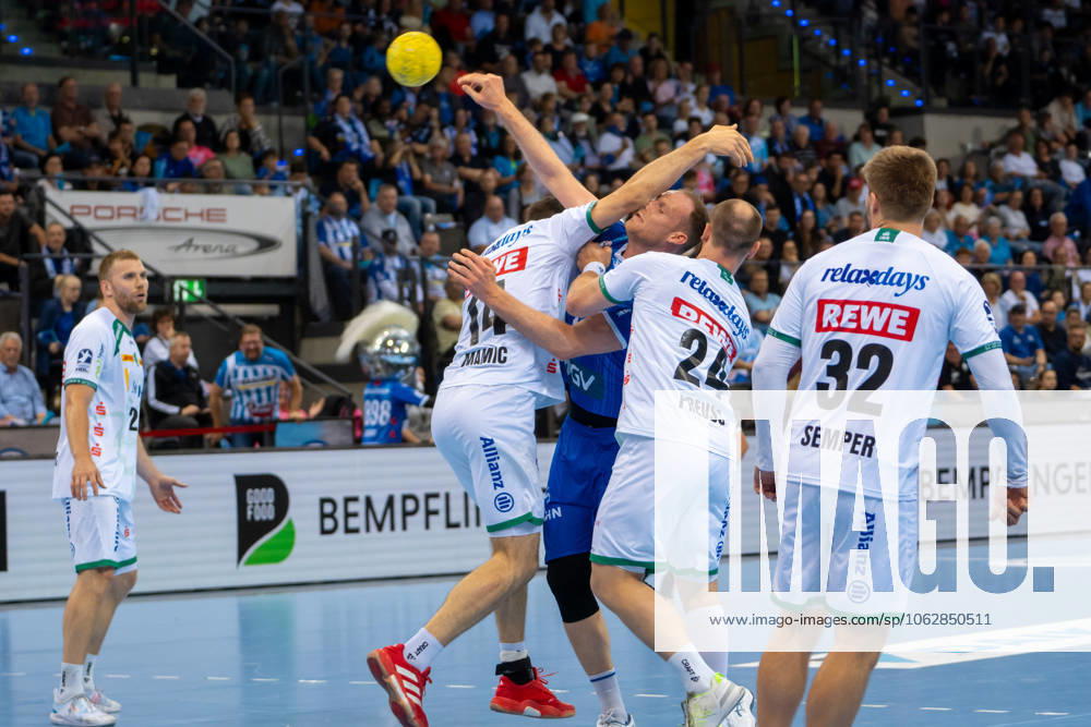 Handball I Men I Season 2024 2025 I Bundesliga I 34 Matchday I TVB Stuttgart SC DHfK Leipzig I 08 06 2025 Lenny Rubin 44, TVB Stuttgart defended by Marko Mamic 14, SC DHfK Leipzig and Moritz Preuss 24, SC DHfK Leipzig Stuttgart Porsche Arena Baden Württemberg Germany