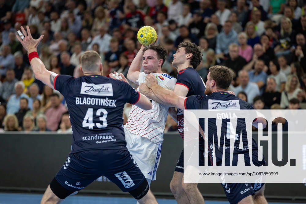 DAIKIN HBL SG Flensburg Handewitt vs Handball Sportverein Hamburg 08 06 25 Leif Tissier Nr 07, Handball Sportverein Hamburg vs Niclas Kirkeløkke Nr 05, SG Flensburg Handewitt , Johannes Golla Nr 04, SG Flensburg Handewitt and Blaz Blagotinsek Nr 43, SG Flensburg Handewitt DAIKIN HBL SG Flensburg Handewitt vs Handball Sportverein Hamburg, GP JOULE Arena on 08 06 25