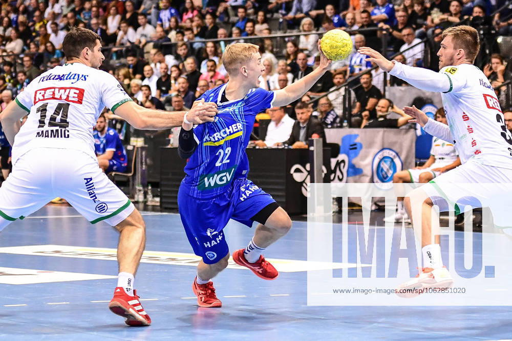TVB Stuttgart SC DHfK Leipzig Stuttgart, 08 06 2025 Torben Matzken Stuttgart 22 v Marko Mamic Leipzig 14 Stuttgart, 08 06 2025 34 Matchday of the Handball Bundesliga, TVB Stuttgart SC DHfK Leipzig, Porsche Arena, Stuttgart