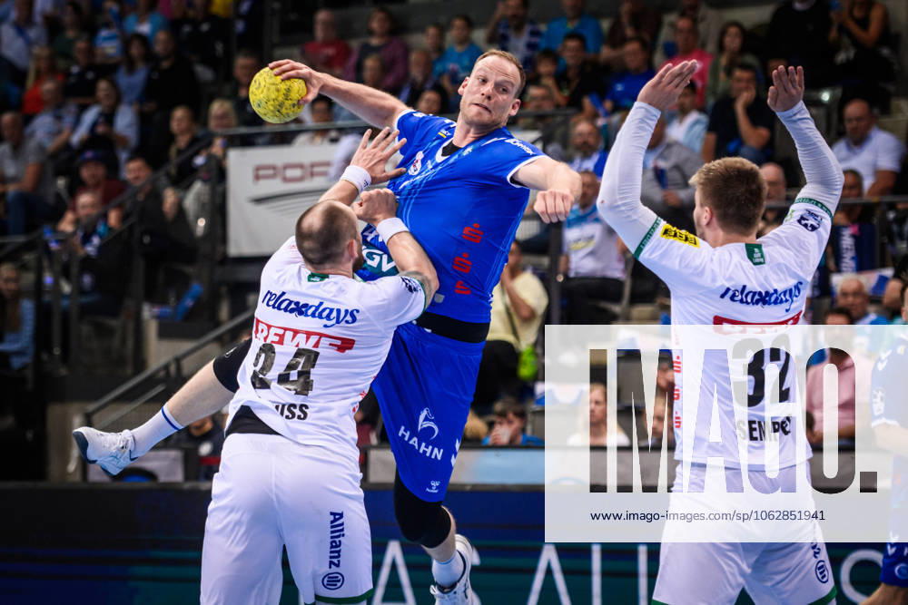 Lenny Rubin TVB Stuttgart, 44 vs Moritz Preuss SC DHfK Leipzig, 24 and Franz Semper SC DHfK Leipzig, 32 GER, TVB Stuttgart SC DHfK Leipzig, DAIKIN HBL, Handball, Bundesliga, 34 Matchday, Season 2024 2025, 08 06 2025 GER, TVB Stuttgart SC DHfK Leipzig, DAIKIN HBL, Handball, Bundesliga, 34 Matchday, Season 2024 2025, 08 06 2025 Stuttgart