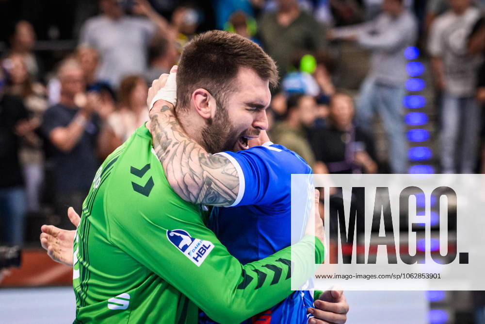 Miljan Vujovic TVB Stuttgart, 16 hugged by Patrick Zieker TVB Stuttgart, 25 visibly relieved after victory against Leipzig GER, TVB Stuttgart SC DHfK Leipzig, DAIKIN HBL, Handball, Bundesliga, Matchday 34, Season 2024 2025, 08 06 2025 GER, TVB Stuttgart SC DHfK Leipzig, DAIKIN HBL, Handball, Bundesliga, Matchday 34, Season 2024 2025, 08 06 2025 Stuttgart