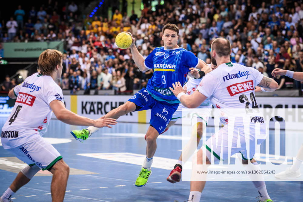 Max Haefner TVB Stuttgart, 03 vs Moritz Preuss SC DHfK Leipzig, 24 GER, TVB Stuttgart SC DHfK Leipzig, DAIKIN HBL, Handball, Bundesliga, 34 Matchday, Season 2024 2025, 08 06 2025 GER, TVB Stuttgart SC DHfK Leipzig, DAIKIN HBL, Handball, Bundesliga, 34 Matchday, Season 2024 2025, 08 06 2025 Stuttgart