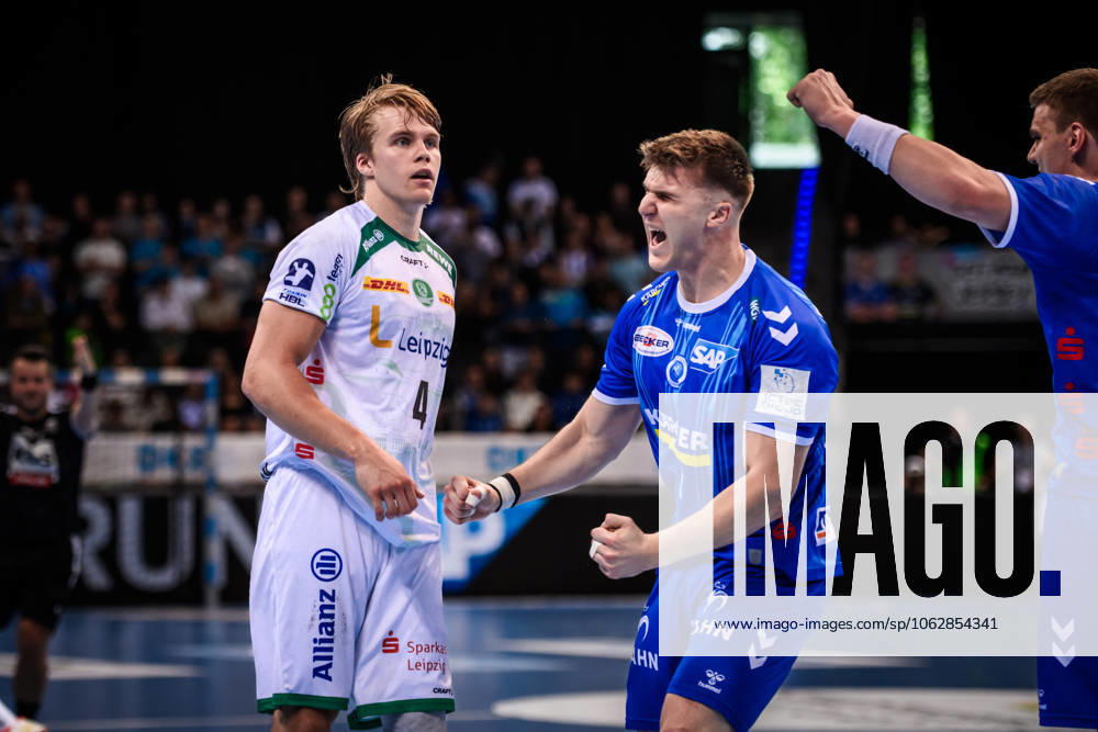 Gianfranco Pribetic TVB Stuttgart, 09 Jubel vor Andri Mar Runarsson SC DHfK Leipzig, 04 GER, TVB Stuttgart SC DHfK Leipzig, DAIKIN HBL, Handball, Bundesliga, 34 Spieltag, Spielzeit 2024 2025, 08 06 2025 GER, TVB Stuttgart SC DHfK Leipzig, DAIKIN HBL, Handball, Bundesliga, 34 Spieltag, Spielzeit 2024 2025, 08 06 2025 Stuttgart