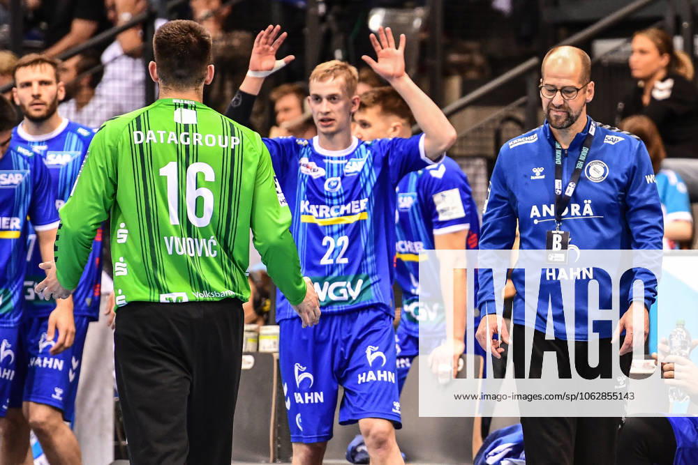 TVB Stuttgart SC DHfK Leipzig Stuttgart, 08 06 2025 Torben Matzken Stuttgart 22 celebrating after Miljan Vujovics save Nico Bacani Stuttgart 16 Stuttgart, 08 06 2025 34 Matchday of the German Handball League, TVB Stuttgart SC DHfK Leipzig, Porsche Arena, Stuttgart