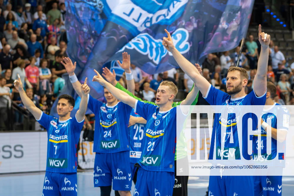 Handball I Men I Season 2024 2025 I Bundesliga I 34 Matchday I TVB Stuttgart SC DHfK Leipzig I 08 06 2025 TVB achieves relegation, v L Alon Oberman 7, TVB Stuttgart , Lukas Laube 24, TVB Stuttgart , Torben Matzken 22, TVB Stuttgart , Samuel Röthlisberger 17, TVB Stuttgart Stuttgart Porsche Arena Baden Württemberg Germany