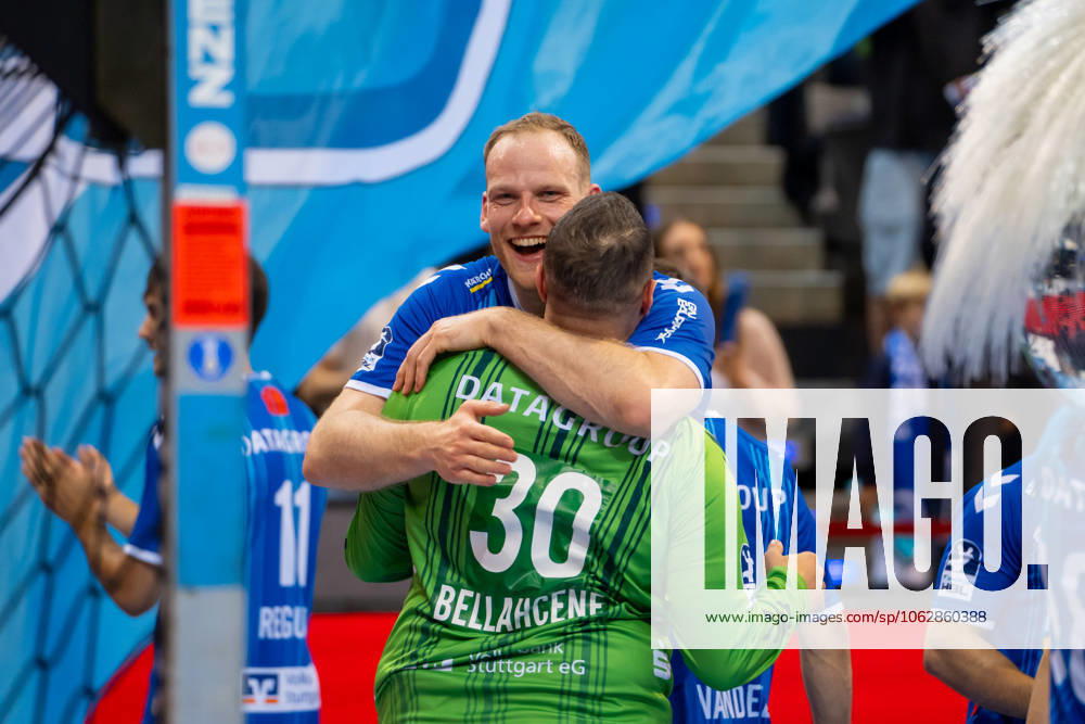 Handball I Men I Season 2024 2025 I Bundesliga I Matchday 34 I TVB Stuttgart SC DHfK Leipzig I 08 06 2025 Lenny Rubin 44, TVB Stuttgart and Samir Bellahcene 30, TVB Stuttgart embrace and celebrate relegation Stuttgart Porsche Arena Baden Württemberg Germany