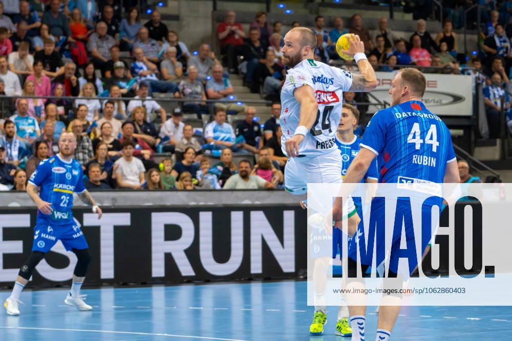 Handball I Men I Season 2024 2025 I Bundesliga I 34 Matchday I TVB Stuttgart SC DHfK Leipzig I 08 06 2025 Moritz Preuss 24, SC DHfK Leipzig throwing, next to him Lenny Rubin 44, TVB Stuttgart Stuttgart Porsche Arena Baden Württemberg Germany