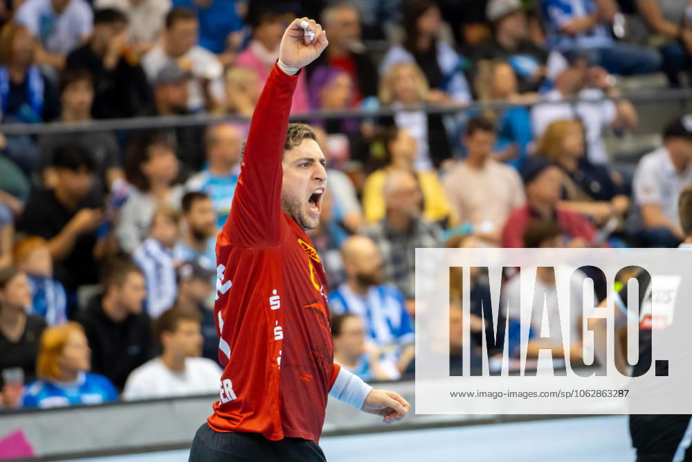 Handball I Men I Season 2024 2025 I Bundesliga I 34 Matchday I TVB Stuttgart SC DHfK Leipzig I 08 06 2025 Domenico Ebner 1, SC DHfK Leipzig cheers Stuttgart Porsche Arena Baden Württemberg Germany