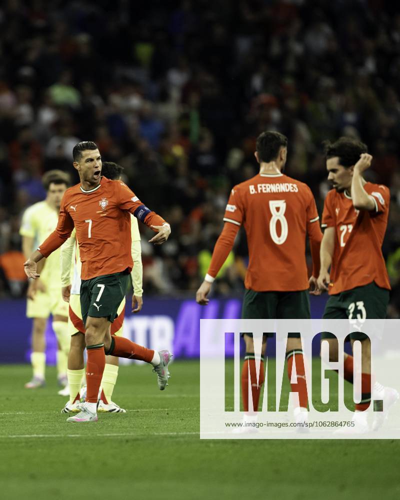 UEFA Nations League Final: Portugal vs Spain Cristiano Ronaldo of Portugal reacts after scoring during the UEFA Nations League final against Spain at Allianz Arena in Munich.