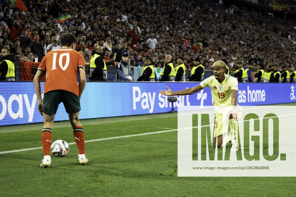 UEFA Nations League Final: Portugal vs Spain Lamine Yamal of Spain reacts after a challenge by Bernardo Silva of Portugal during the UEFA Nations League final at Allianz Arena in Munich.