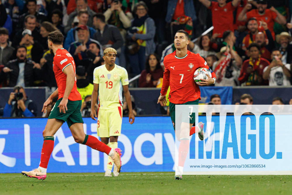 Cristiano Ronaldo seen celebrating after scoring goal during UEFA Nations League 2025 final game between national teams of Portugal and Spain (Maciej Rogowski) Munich Allianz Arena Germany