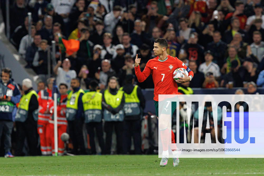 Cristiano Ronaldo seen celebrating after scoring goal during UEFA Nations League 2025 final game between national teams of Portugal and Spain (Maciej Rogowski) Munich Allianz Arena Germany
