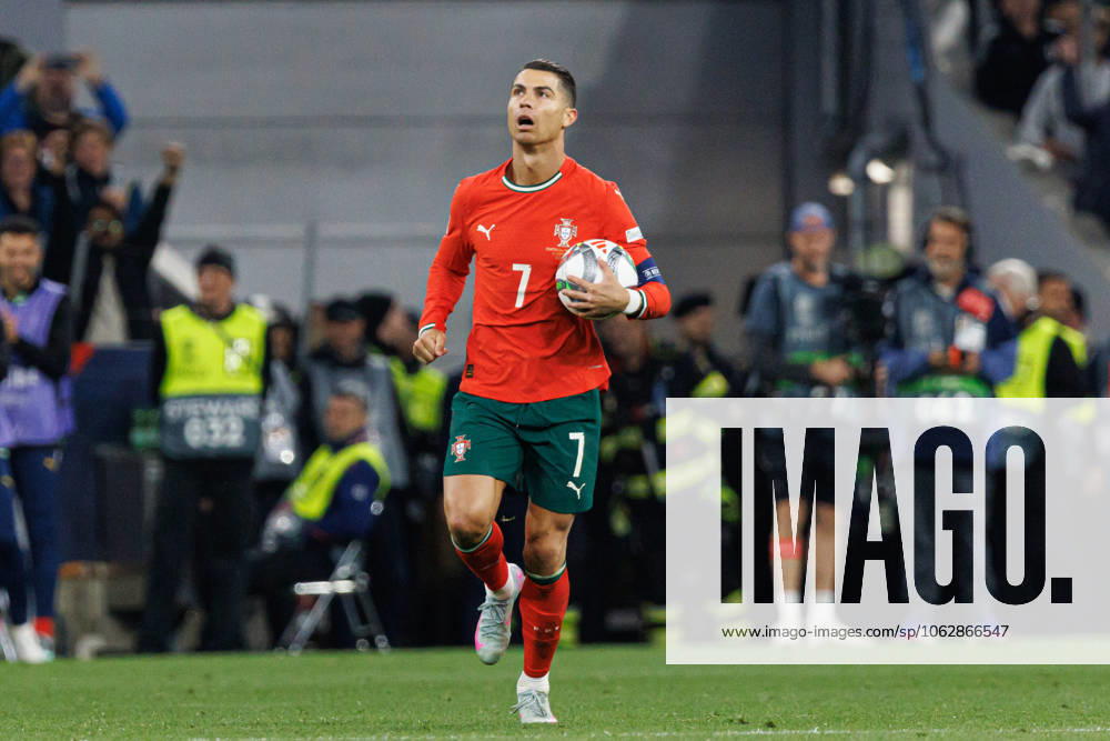 Cristiano Ronaldo seen celebrating after scoring goal during UEFA Nations League 2025 final game between national teams of Portugal and Spain (Maciej Rogowski) Munich Allianz Arena Germany