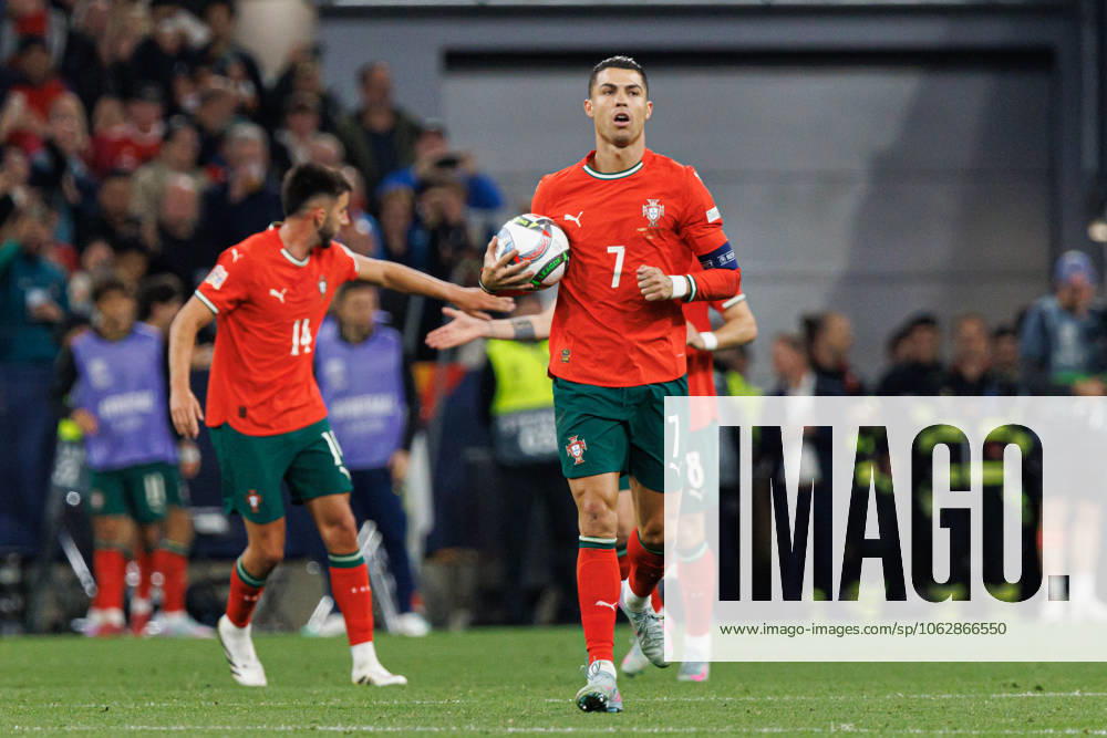 Cristiano Ronaldo seen celebrating after scoring goal during UEFA Nations League 2025 final game between national teams of Portugal and Spain (Maciej Rogowski) Munich Allianz Arena Germany