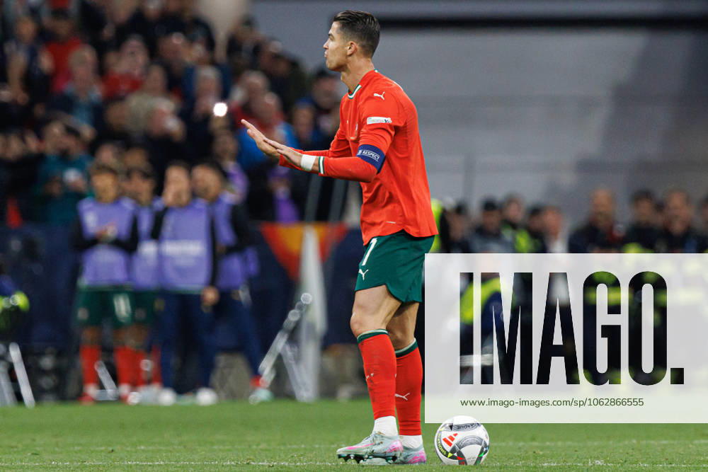 Cristiano Ronaldo seen celebrating after scoring goal during UEFA Nations League 2025 final game between national teams of Portugal and Spain (Maciej Rogowski) Munich Allianz Arena Germany