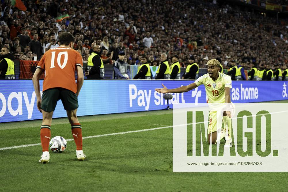 UEFA Nations League Final: Portugal vs Spain Lamine Yamal of Spain reacts after a challenge by Bernardo Silva of Portugal during the UEFA Nations League final at Allianz Arena in Munich.