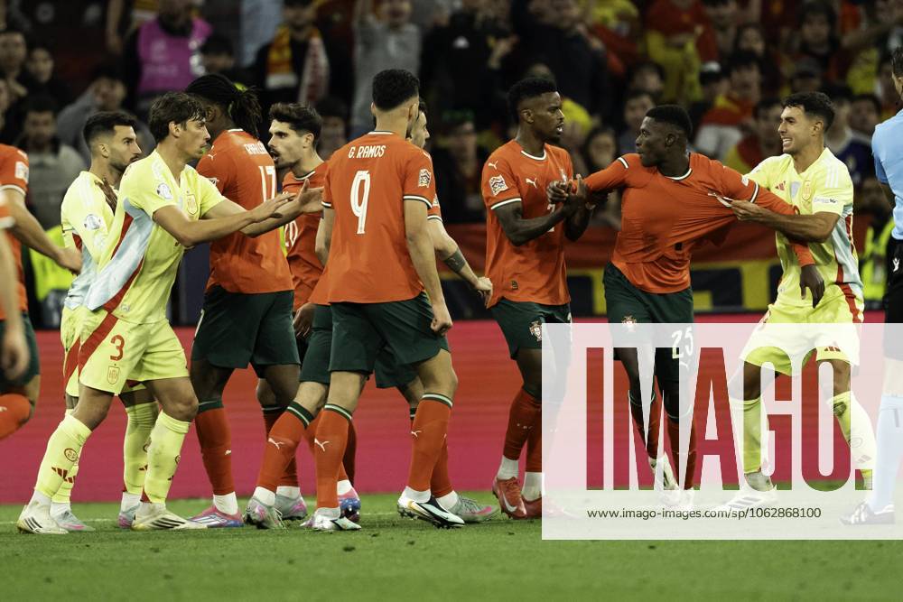 UEFA Nations League Final: Portugal vs Spain Players from Spain and Portugal clash during a heated moment in the UEFA Nations League final at Allianz Arena in Munich.