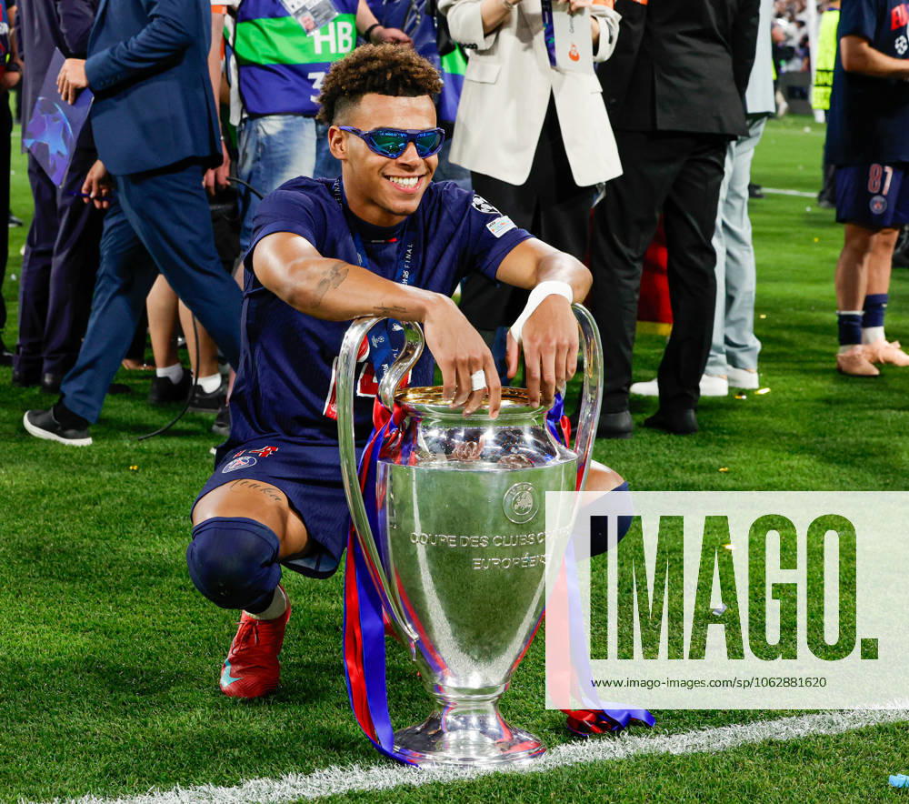In the picture Désiré Doué Paris Saint Germain, 14 with the title trophy 31 05 2025, UEFA Champions League, Final, Paris Saint Germain Inter Milan, Germany, Munich, Munich Arena,