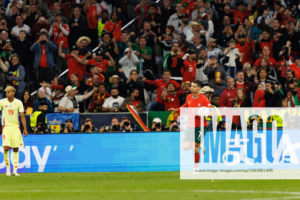 Cristiano Ronaldo seen celebrating after scoring goal during UEFA Nations League 2025 final game between national teams of Portugal and Spain (Maciej Rogowski) Munich Allianz Arena Germany