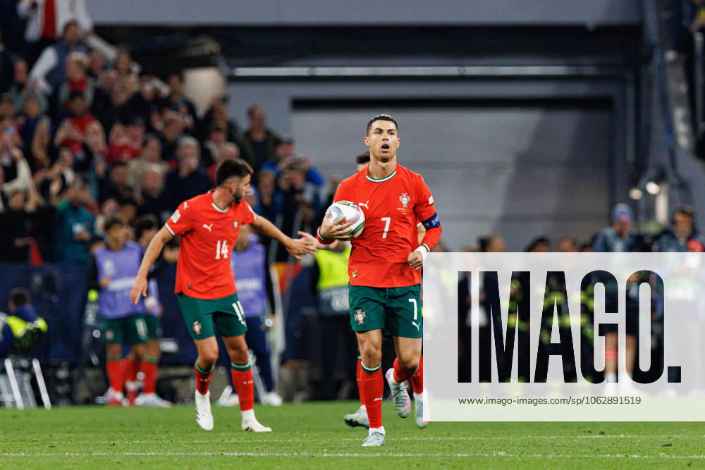 Cristiano Ronaldo seen celebrating after scoring goal during UEFA Nations League 2025 final game between national teams of Portugal and Spain (Maciej Rogowski) Munich Allianz Arena Germany