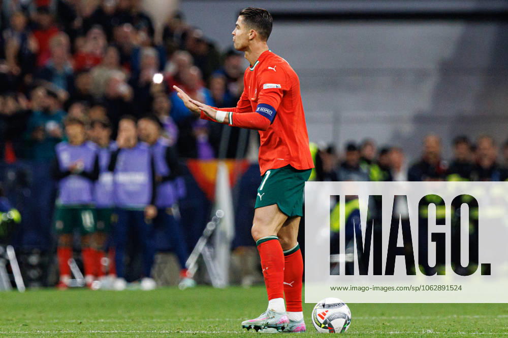 Cristiano Ronaldo seen celebrating after scoring goal during UEFA Nations League 2025 final game between national teams of Portugal and Spain (Maciej Rogowski) Munich Allianz Arena Germany