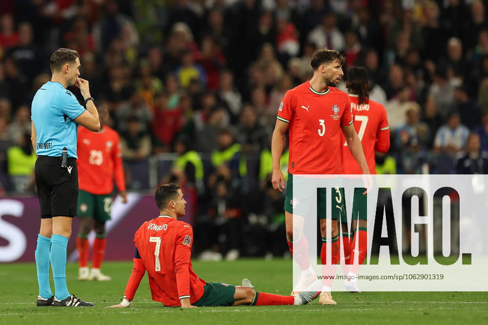 UEFA Nations League 2025 final Portugal Vs Spain in Munich, Germany - 08 Jun 2025 Cristiano Ronaldo of Portugal seen injured on the ground during the UEFA Nations League 2025 final match between Portugal and Spain at Munich Football Arena. Final score Portugal 5 : 3 Spain on penalties Munich Germany