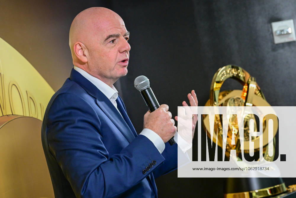 FIFA President Gianni Infantino, speaks next to the Club World Cup trophy during an event in Miami, Florida, 10 June 2025. Infantino downplayed the impact that the United States restrictive immigration policies will have on the Club World Cup, which begins this Saturday, and the 2026 World Cup, assuring fans from all over the world will attend both competitions. FIFA downplays the impact of USA immigration policy on sports tournaments !ACHTUNG: NUR REDAKTIONELLE NUTZUNG!