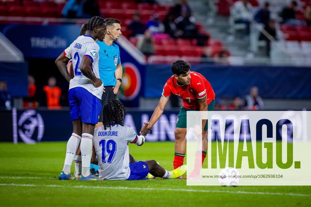 PORTUGAL U21, U 21 - FRANCE U21 Mateus Fernandes of Portugal and Castello Lukeba, Ismael Doukoure of France during the UEFA European Under-21 Championship 2025 football match between Portugal U21 and France U21. Stadium Na Sihoti, Trencin, Slovakia, June 11, 2025. Photo by Branislav Racko