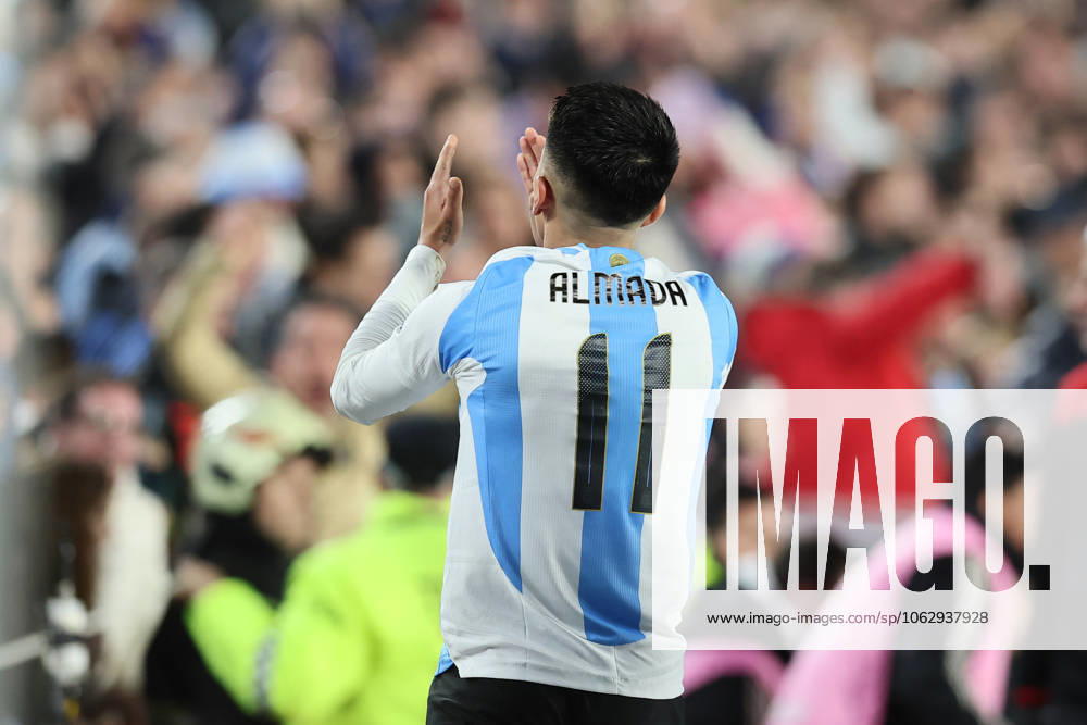 Argentina s national team midfielder Thiago Almada celebrates after scoring a goal against Colombia during the South American qualification football match between Argentina and Colombia for the FIFA World Cup 2026 at the Monumental stadium in Buenos Aires on June 10, 2025 BUENOS AIRES ARGENTINA