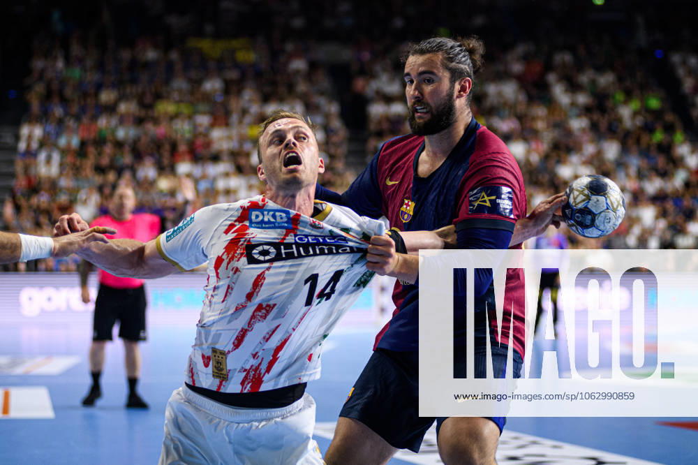 COLOGNE, GERMANY - 14 JUNE, 2025: Omar Ingi.Magnusson, Luis Diogo Sousa Frade - The match of TruckScout24 EHF FINAL4 Barca vs SC Magdeburg at Lanxess Arena.